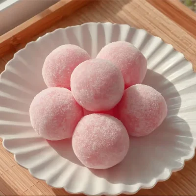 Delicious homemade strawberry mochi on a wooden serving board.