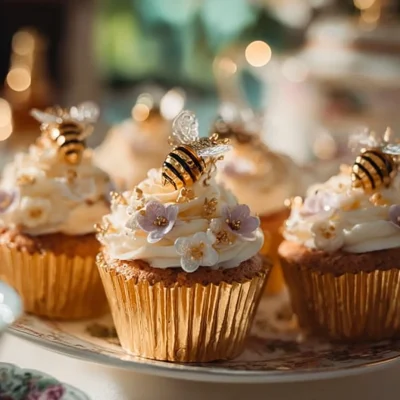 Delicious honey bee cupcakes with decorative honeycomb and bee designs