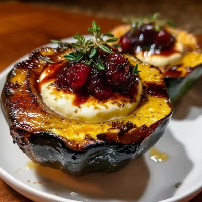 honey glazed acorn squash recipe with melted brie cheese and cranberry drizzle served on a white plate, roasted to golden perfection