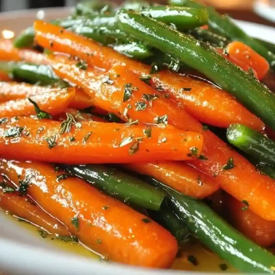 Honey glazed carrots with green beans served in a dish