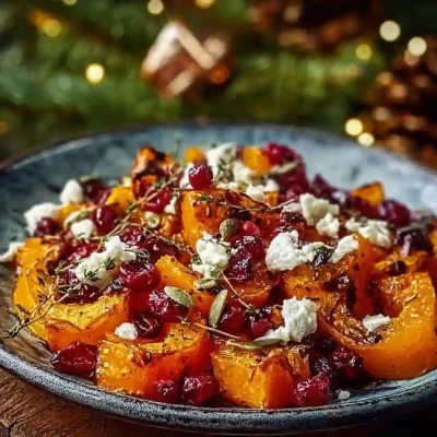 Crispy honey-roasted butternut squash with cranberries, feta, and pumpkin seeds
