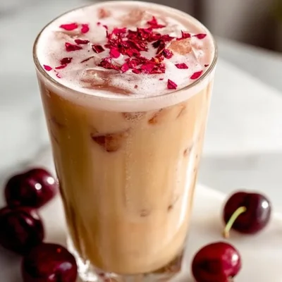 Refreshing Iced Cherry Chai beverage served in a glass with cherries and spices