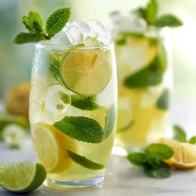 Iced green tea with lemon, lime, and mint served in a glass with ice.
