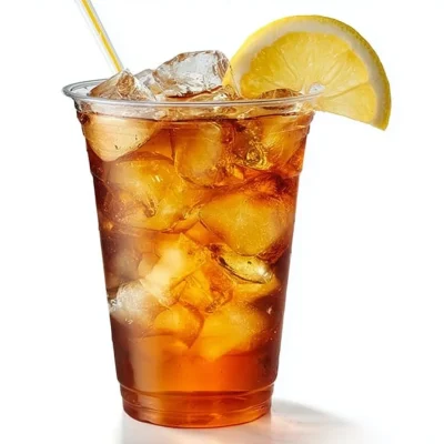Iced lemon tea in a plastic takeaway glass on a white background