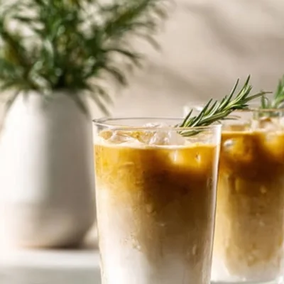 A refreshing Iced Vanilla Rosemary Latte served in a glass with rosemary sprigs and ice.