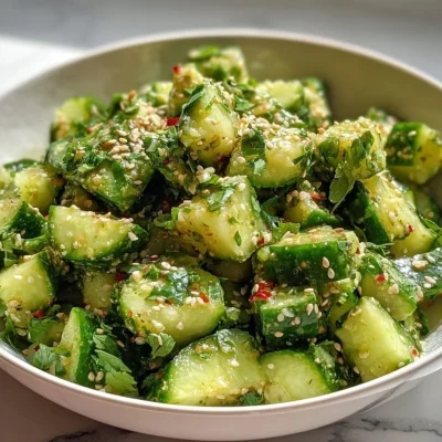 Fresh Indian Cucumber Salad featuring cucumbers, spices, and herbs.