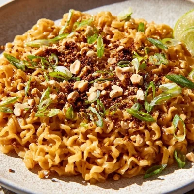 Bowl of Instant Peanut Thai Noodles garnished with fresh vegetables.