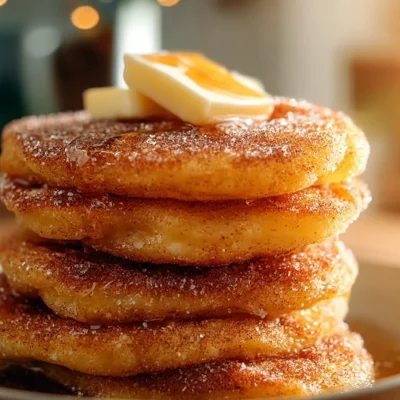 Delicious churro pancakes dusted with cinnamon sugar and served on a plate