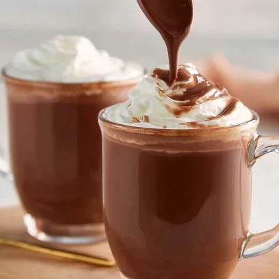 Delicious bowl of creamy Italian hot chocolate topped with whipped cream