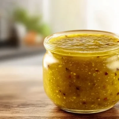 Jalapeño Honey Mustard Sauce in a bowl with fresh jalapeños and honey nearby.