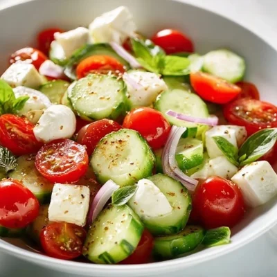 Juicy Cucumber Caprese Salad with fresh tomatoes and basil