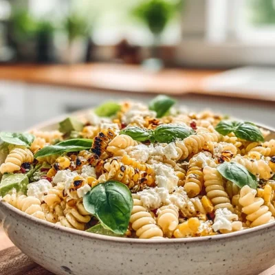 Juicy street corn pasta salad with fresh ingredients and colorful toppings.
