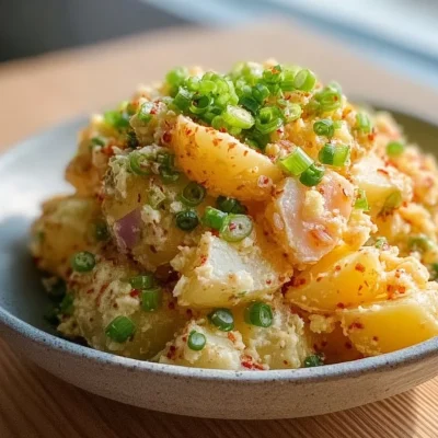 Bowl of Korean potato salad with colorful vegetables