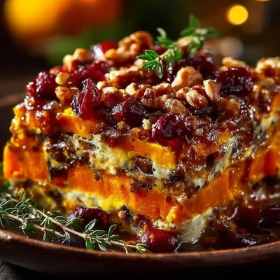 Layered sweet potato lasagna with butternut squash, feta, walnuts, and cranberry-honey glaze