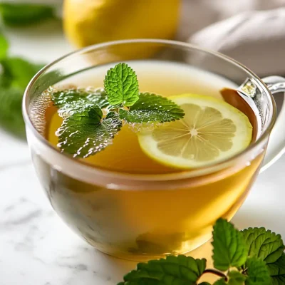 Lemon balm recipe calming tea in a ceramic mug with lemon balm leaves.