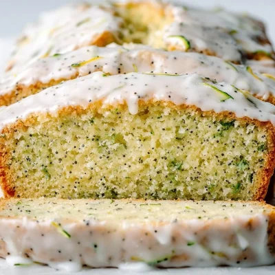 Lemon Poppy Seed Zucchini Bread sliced on a wooden cutting board
