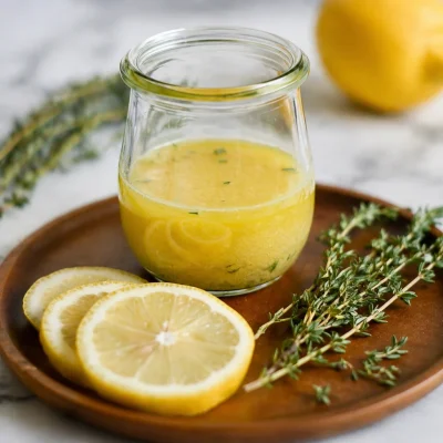 Lemon thyme maple vinaigrette dressing on a fresh garden salad.