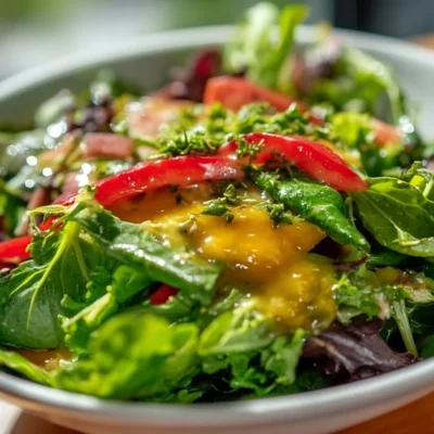 Freshly made Lemon Vinaigrette in a glass jar with lemon slices.