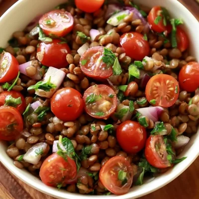 Colorful lentil salad with fresh vegetables and herbs
