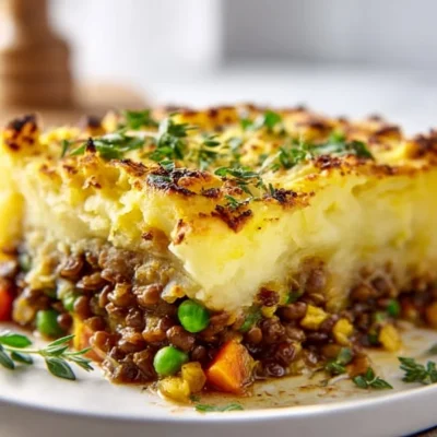 Delicious Lentil Shepherd's Pie topped with creamy mashed potatoes