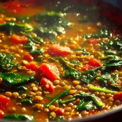 Bowl of healthy lentil soup with spinach and herbs