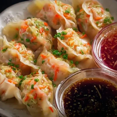 Plate of low-cal veggie shrimp dumplings ready to eat