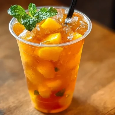 A refreshing glass of Mango Iced Tea with slices of fresh mango