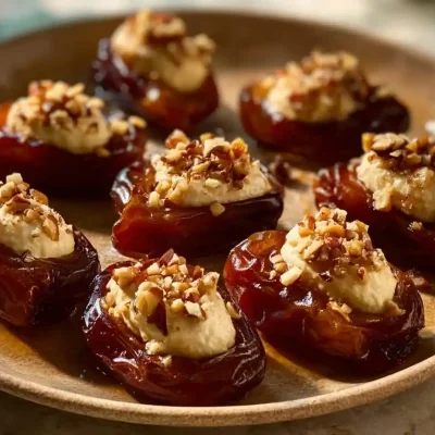 Maple-drizzled mascarpone stuffed dates on a plate, garnished with nuts.