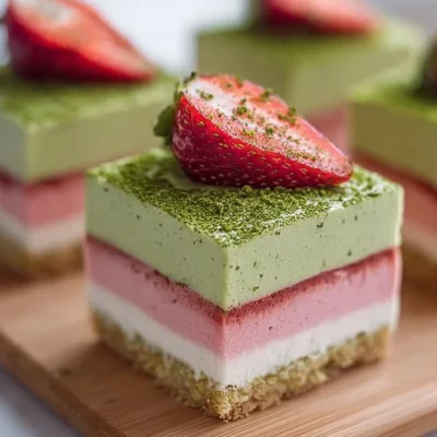 Delicious Matcha Strawberry Cream Bars on a wooden plate garnished with strawberries.