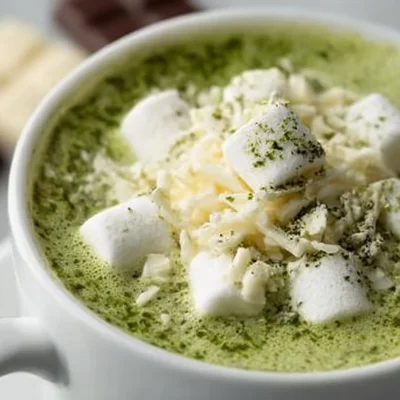 A delicious cup of matcha white hot chocolate topped with whipped cream and matcha powder.