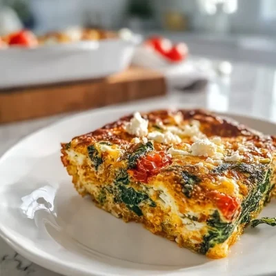Delicious Mediterranean breakfast casserole topped with fresh herbs and vegetables