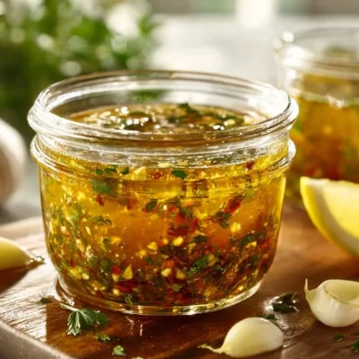 Mediterranean lemon garlic dressing in a bowl with fresh ingredients