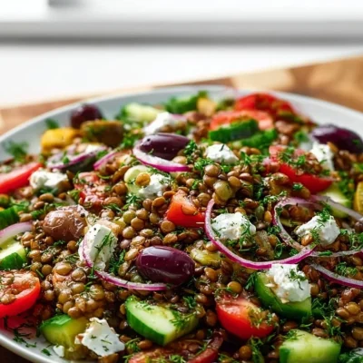 Bowl of vibrant Mediterranean lentil salad with fresh vegetables and herbs