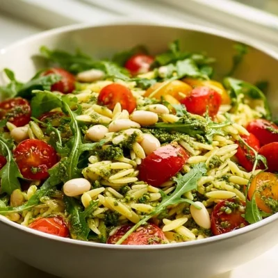 Mediterranean pesto orzo salad with fresh vegetables and herbs