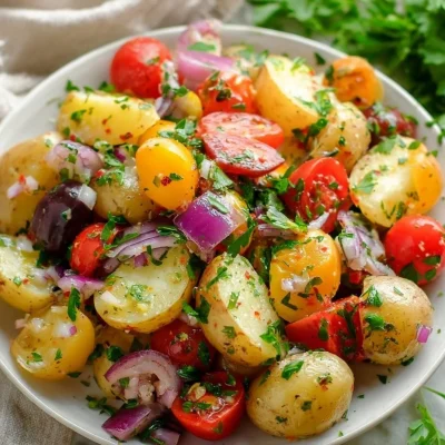 Mediterranean potato salad with fresh herbs and colorful vegetables