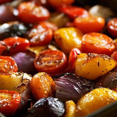 Mediterranean roasted vegetable medley with colorful, fresh veggies on a plate.