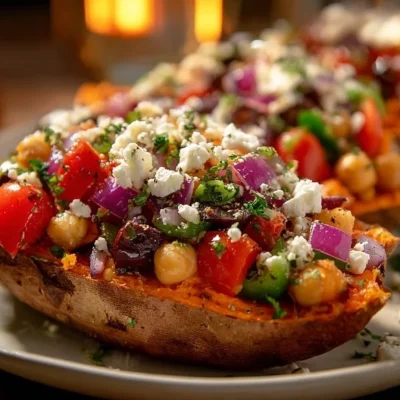 Mediterranean stuffed sweet potatoes topped with fresh herbs and spices