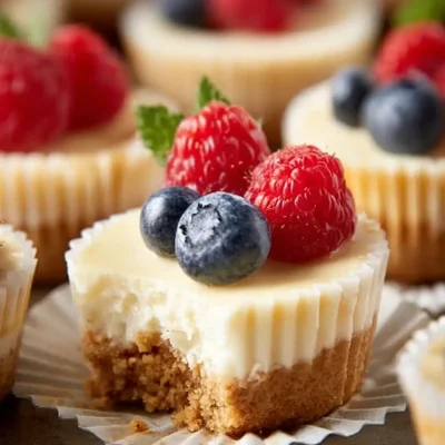 Mini cheesecakes topped with blueberries and raspberries, creamy texture with graham crust.
