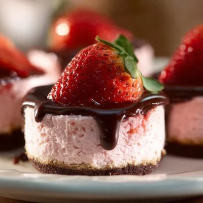 Mini Chocolate Strawberry Cheesecakes topped with fresh strawberries