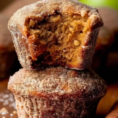 apple cider muffins stacked with cinnamon sugar coating and bite showing crumb