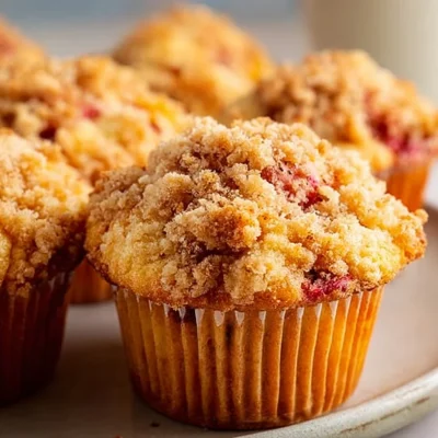 Moist strawberry rhubarb muffins freshly baked on a cooling rack