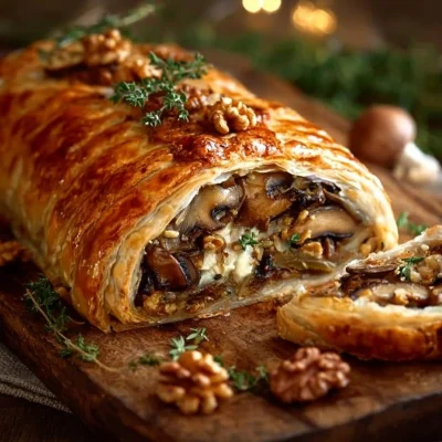 Mushroom and Walnut Wellington served on a plate