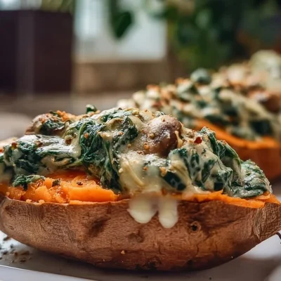 Mushroom spinach stuffed sweet potatoes on a plate, garnished with herbs.