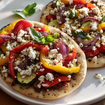 Naan bread pizza with olive tapenade and roasted vegetables