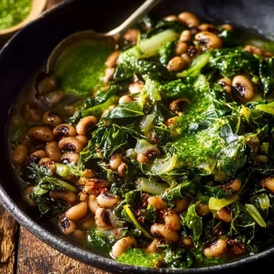 New Year's Day dish featuring black-eyed peas, collard greens, and cornbread.