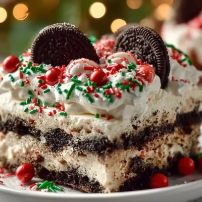 No Bake Christmas Oreo Lasagna dessert with layers of cookies and cream