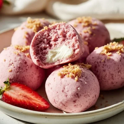 No-Bake Strawberry Cheesecake Protein Balls on a plate