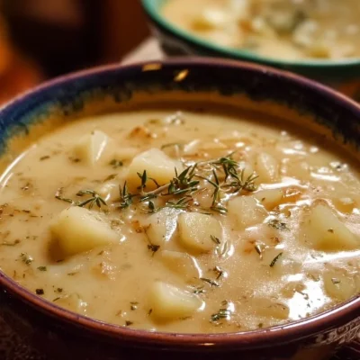 Bowl of creamy non-dairy potato soup, garnished with herbs.