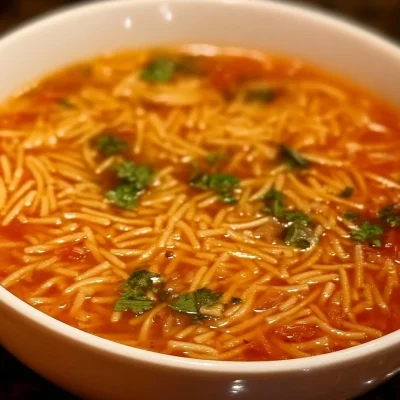 Bowl of delicious noodle pasta soup garnished with herbs and vegetables.
