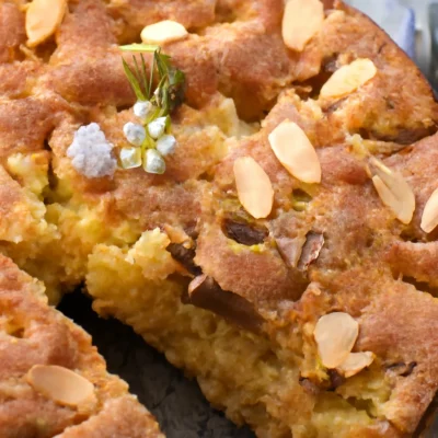A slice of Norwegian rhubarb cake with soft crumb and crunchy almond topping.
